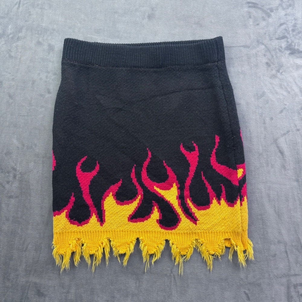 Cherry Mellow Black Pink Yellow Flame Knit Mini Skirt Frayed Hem Large